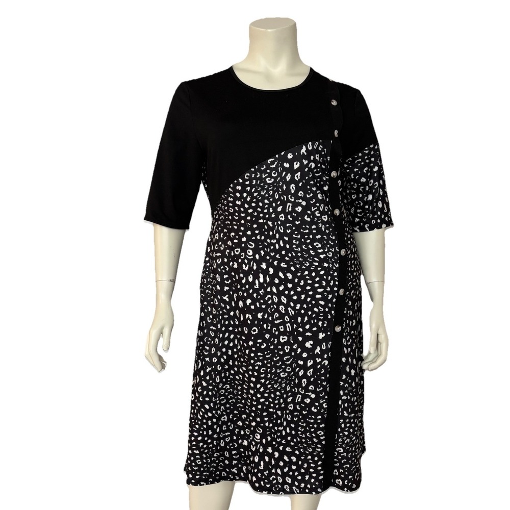 Black White Animal Print Midi Dress‎ Stretch Knit Asymmetrical Buttons Chic XL